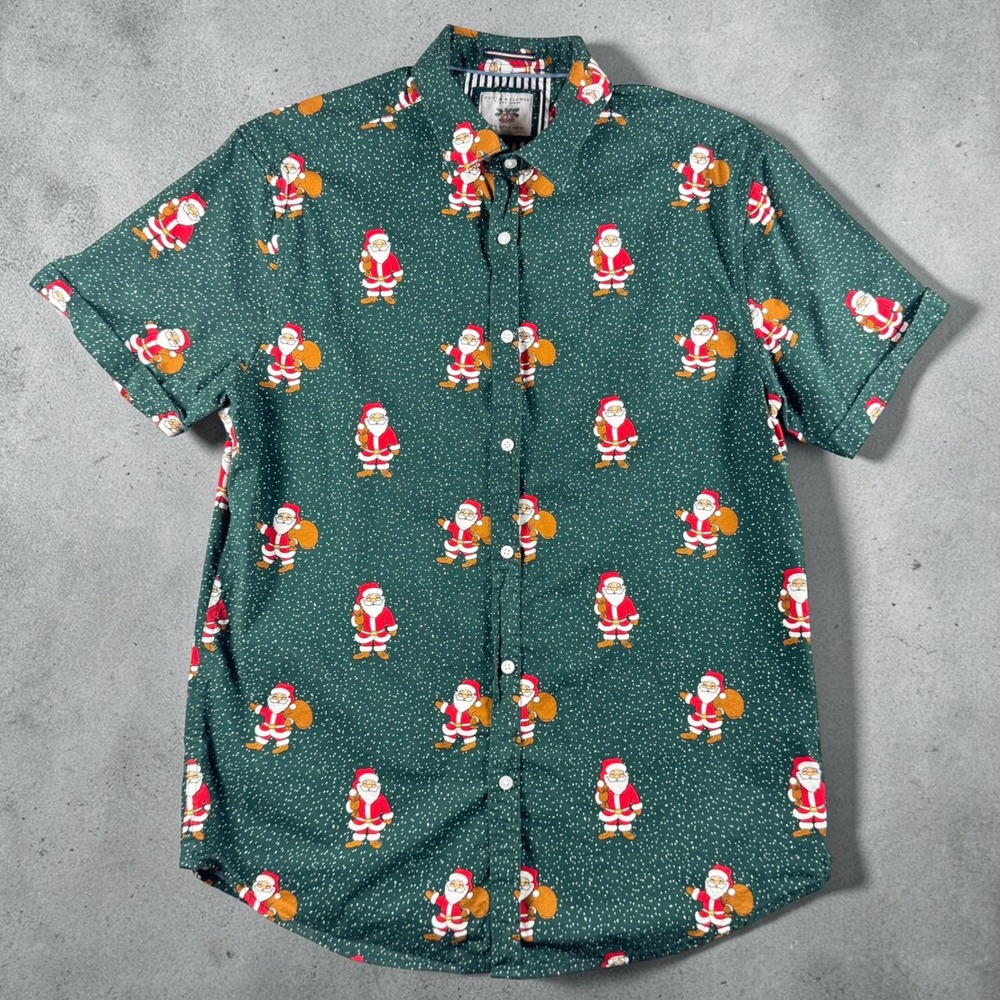 Denim & Flower Mens Medium Green Santa Claus Christmas Short Sleeve Button Down